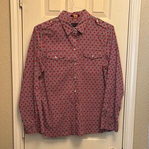 Jones of New York Women’s large red and blue designed shirt with breast pockets